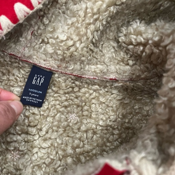 [Toddler 5Y]GAP Kids Hooded Coat Red Faux Suede Nordic Embroidered Shearling - Picture 4 of 11